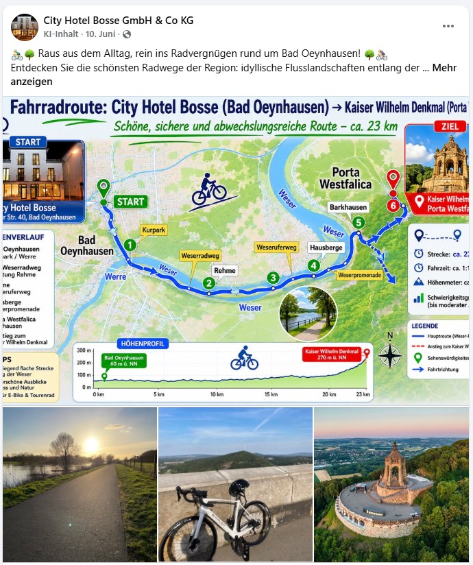 Facebook-Beitrag: Radroute vom Cityhotel Bosse zum Kaiser-Wilhelm-Denkmal, ca. 23 km